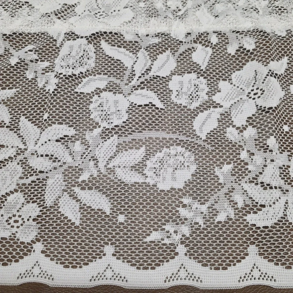 White Floral Lace Valance Curtain Scalloped Edge Sheer Rose Pattern 2 Panels